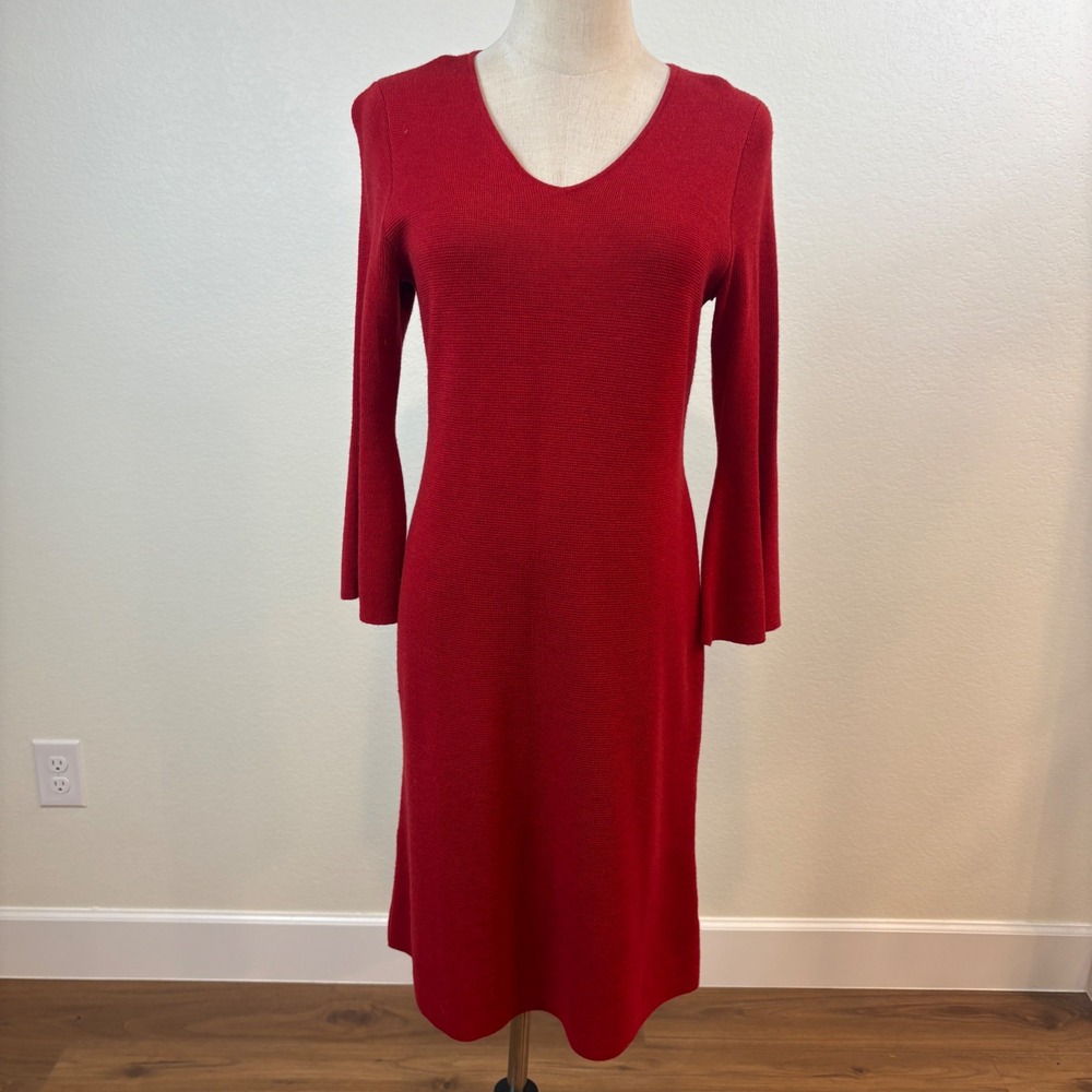 Talbots Sweater Dress Womens SP Red Merino Wool Flared 3/4 Sleeve V-Neck Luxury - Picture 2 of 8